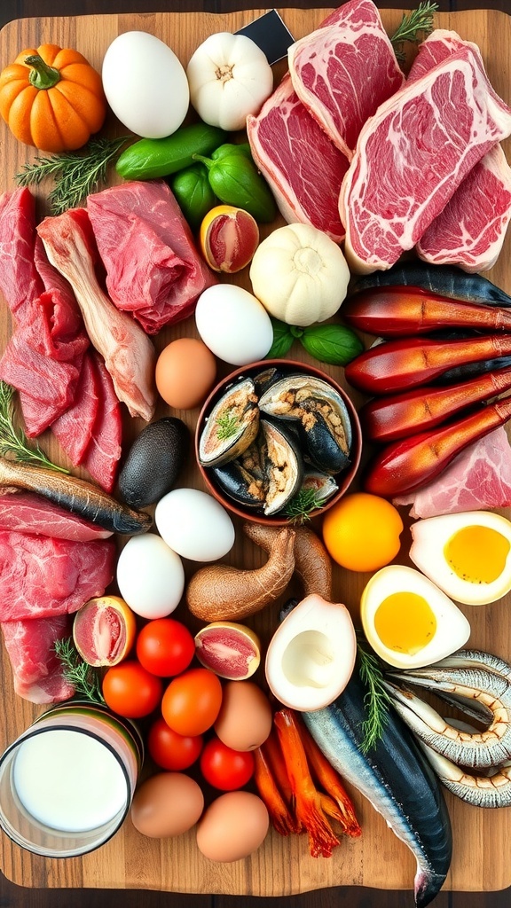 Comprehensive Carnivore Food List An assortment of meats, seafood, and eggs representing a carnivore diet on a wooden board.